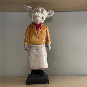 Whimsical Pig Chef Sculpture in Yellow Jacket and Red Scarf